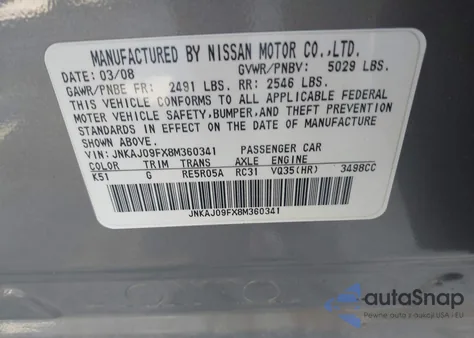 2008 Infiniti Ex35 Journey z USA, uszkodzony, nr VIN JNKAJ09FX8M360341